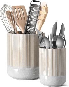 Utensil Holder for Kitchen Counter, 7.3"+5.4" Fluted Ceramic Utensil Crock Organizer for Countertop, Heavy Large Holder for Spatulas, Spoons, Set